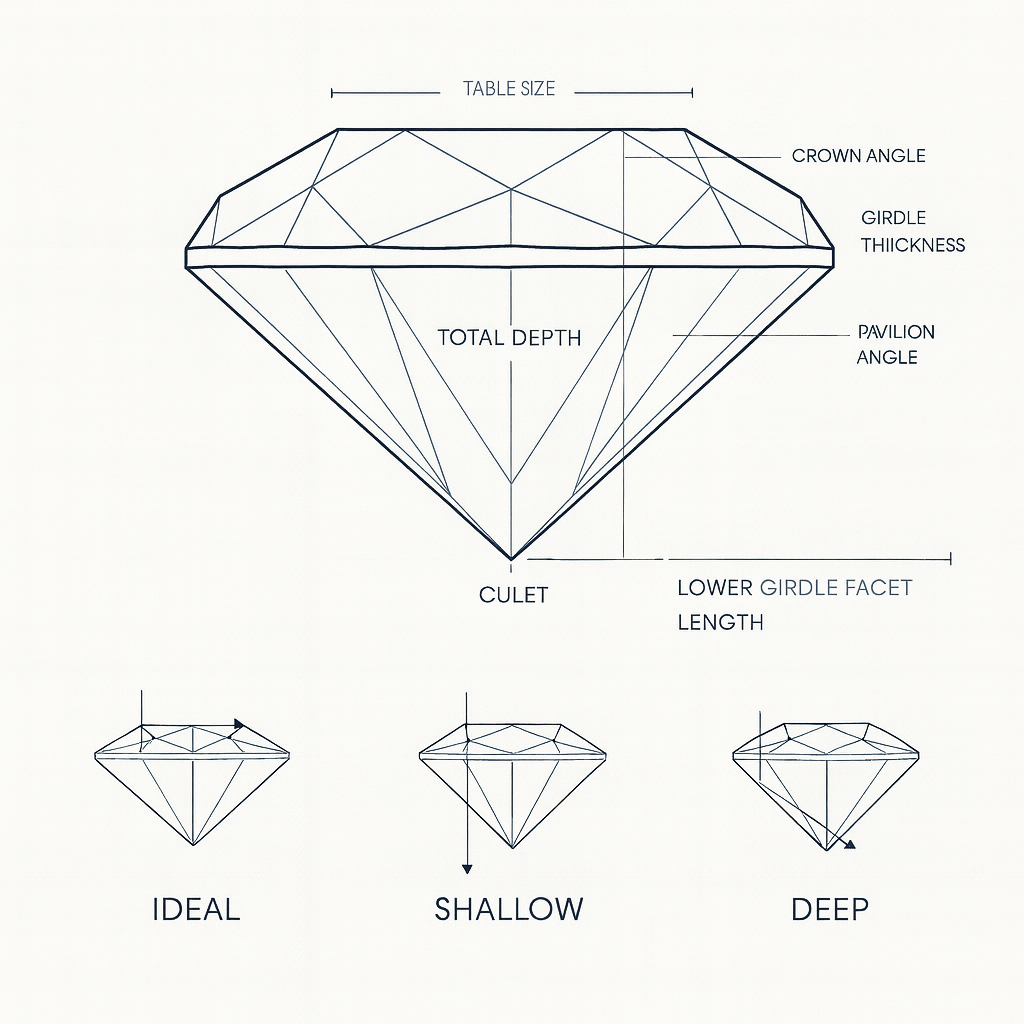 visual brekadown of a diamond's cut, including key terms.