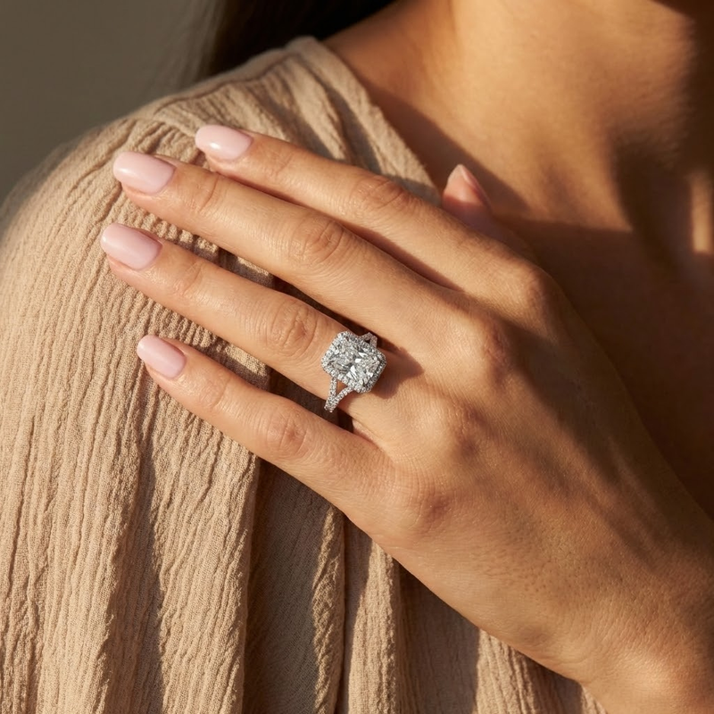 The Elara Ring – Radiant Orbital Halo with Split Pavé Band in 14K White Gold – The Jewel Concierge