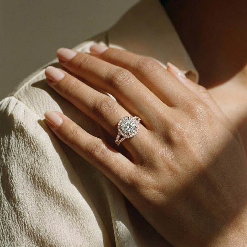 The Elara Ring – Round Orbital Halo with Split Pavé Band in 14K White Gold – The Jewel Concierge