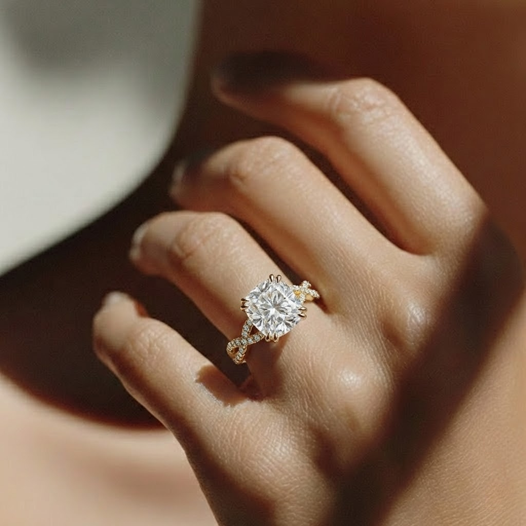 Elysande Ring — cushion lab grown diamond solitaire with braided pavé band engagement ring in yellow gold — The Jewel Concierge