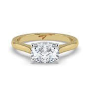 The Aria Ring — East-West Elongated Cushion Solitaire Lab-Grown Diamond Engagement Ring in Two-Tone Yellow and White Gold | The Jewel Concierge