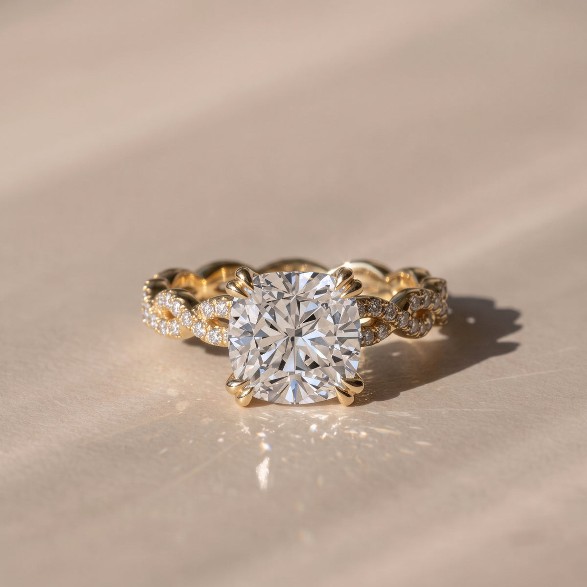 The Elysande Ring — Cushion Solitaire with Braided Pavé Band Lab-Grown Diamond Engagement Ring in Yellow Gold | The Jewel Concierge