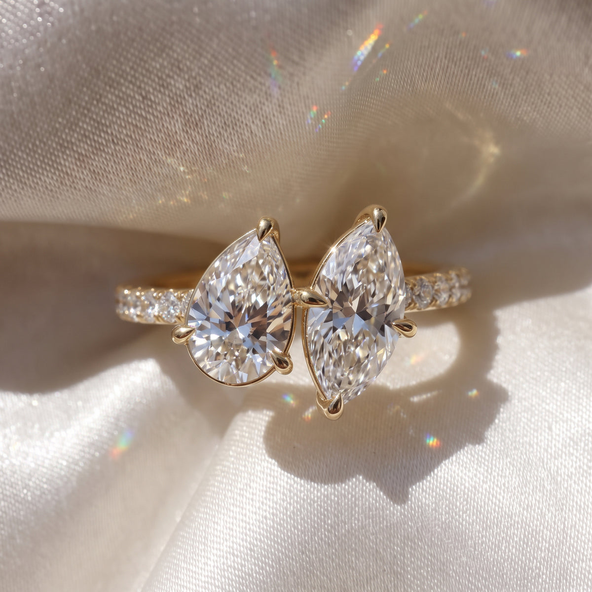 The Emilia Ring — Pear and Marquise Pavé Band Toi Et Moi Lab-Grown Diamond Engagement Ring in Yellow Gold | The Jewel Concierge