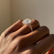 The Gemma Ring – Cushion Orbital Halo Cathedral with Pavé Band in 14K White Gold – The Jewel Concierge