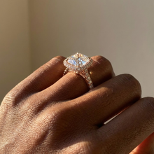 The Gemma Ring – Cushion Orbital Halo Cathedral with Pavé Band in 14K White Gold – The Jewel Concierge