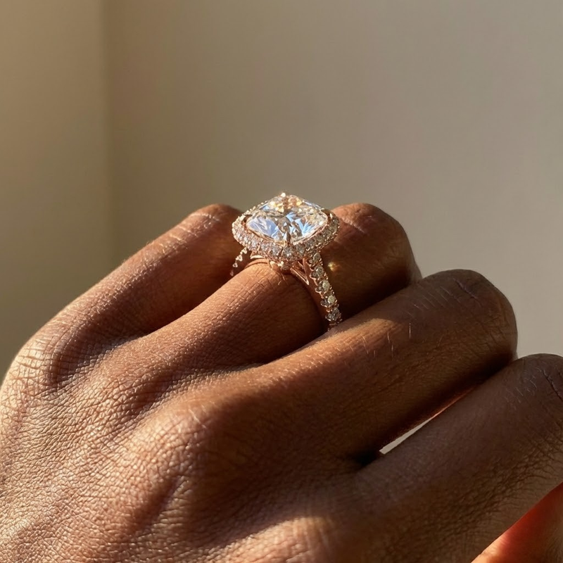 Gemma Ring — cushion lab grown diamond orbital halo cathedral with pavé band engagement ring in rose gold — The Jewel Concierge