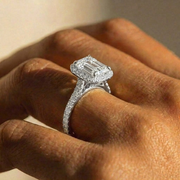 The Gemma Ring — Emerald Orbital Halo Cathedral with Pavé Band Lab-Grown Diamond Engagement Ring in White Gold | The Jewel Concierge