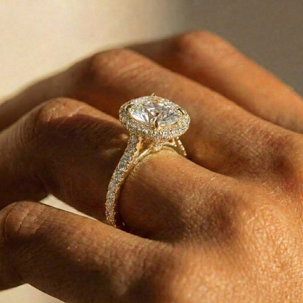 The Gemma Ring — Oval Orbital Halo Cathedral with Pavé Band Lab-Grown Diamond Engagement Ring in Yellow Gold | The Jewel Concierge