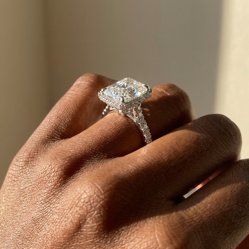 The Gemma Ring – Radiant Orbital Halo Cathedral with Pavé Band in 14K White Gold – The Jewel Concierge