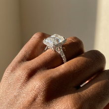 The Gemma Ring – Radiant Orbital Halo Cathedral with Pavé Band in 14K White Gold – The Jewel Concierge