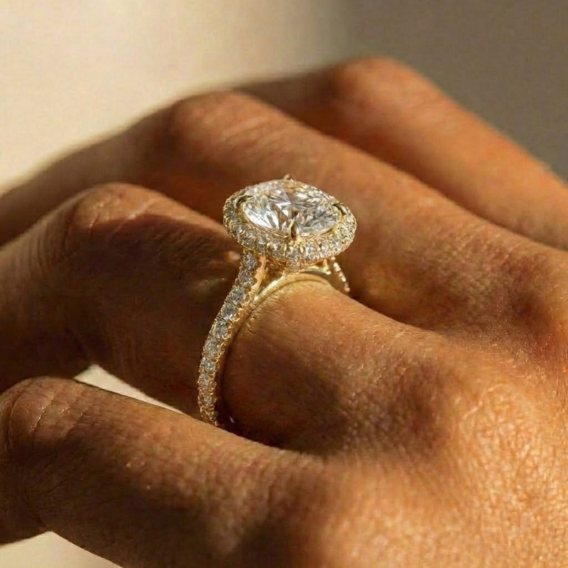 The Gemma Ring – Round Orbital Halo Cathedral with Pavé Band in 14K White Gold – The Jewel Concierge