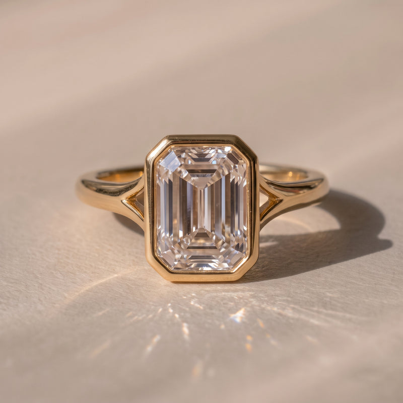 The Gabriella Ring — Emerald Bezel with Split Band Lab-Grown Diamond Engagement Ring in Yellow Gold | The Jewel Concierge