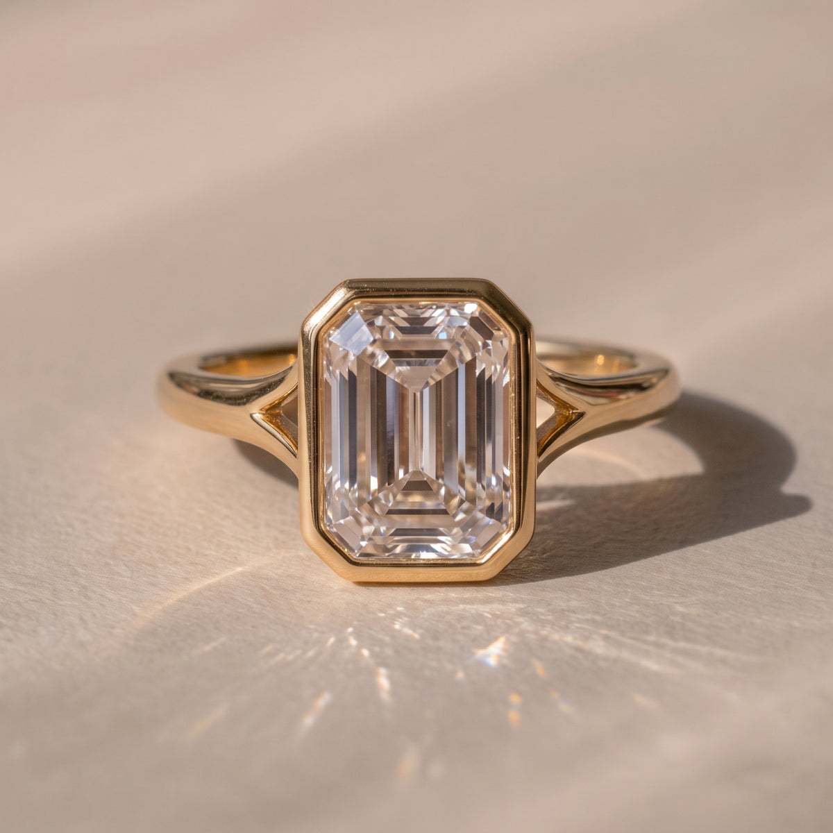 The Gabriella Ring — Emerald Bezel with Split Band Lab-Grown Diamond Engagement Ring in Yellow Gold | The Jewel Concierge