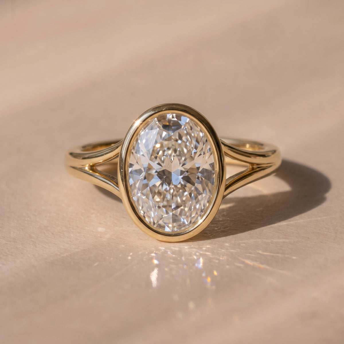 The Gabriella Ring — Oval Bezel with Split Band Lab-Grown Diamond Engagement Ring in Yellow Gold | The Jewel Concierge