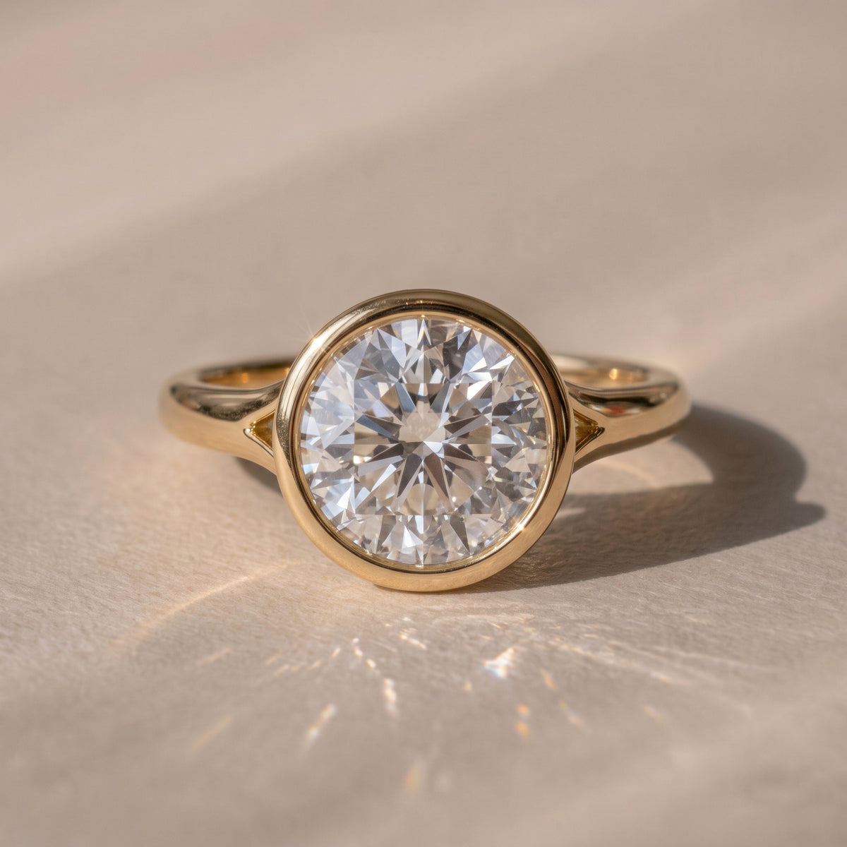 The Gabriella Ring — Round Bezel with Split Band Lab-Grown Diamond Engagement Ring in Yellow Gold | The Jewel Concierge