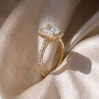 The Gemma Ring — Radiant Orbital Halo Cathedral with Pavé Band Lab-Grown Diamond Engagement Ring in Yellow Gold | The Jewel Concierge