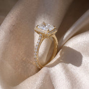 The Gemma Ring — Radiant Orbital Halo Cathedral with Pavé Band Lab-Grown Diamond Engagement Ring in Yellow Gold | The Jewel Concierge