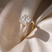 The Gemma Ring — Cushion Orbital Halo Cathedral with Pavé Band Lab-Grown Diamond Engagement Ring in Yellow Gold | The Jewel Concierge