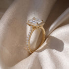 The Gemma Ring — Emerald Orbital Halo Cathedral with Pavé Band Lab-Grown Diamond Engagement Ring in Yellow Gold | The Jewel Concierge