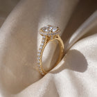 The Gemma Ring — Round Orbital Halo Cathedral with Pavé Band Lab-Grown Diamond Engagement Ring in Yellow Gold | The Jewel Concierge