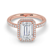 The Orion Ring — Emerald Halo with Pavé Band Lab-Grown Diamond Engagement Ring in Rose Gold | The Jewel Concierge