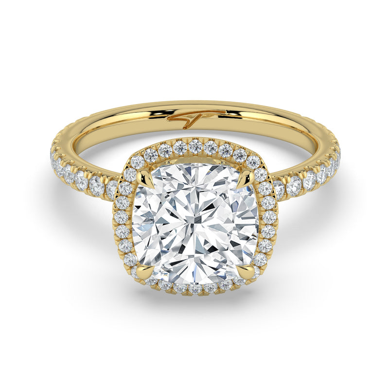 The Orion Ring – Cushion Halo with Pavé Band in 14K Yellow Gold – The Jewel Concierge