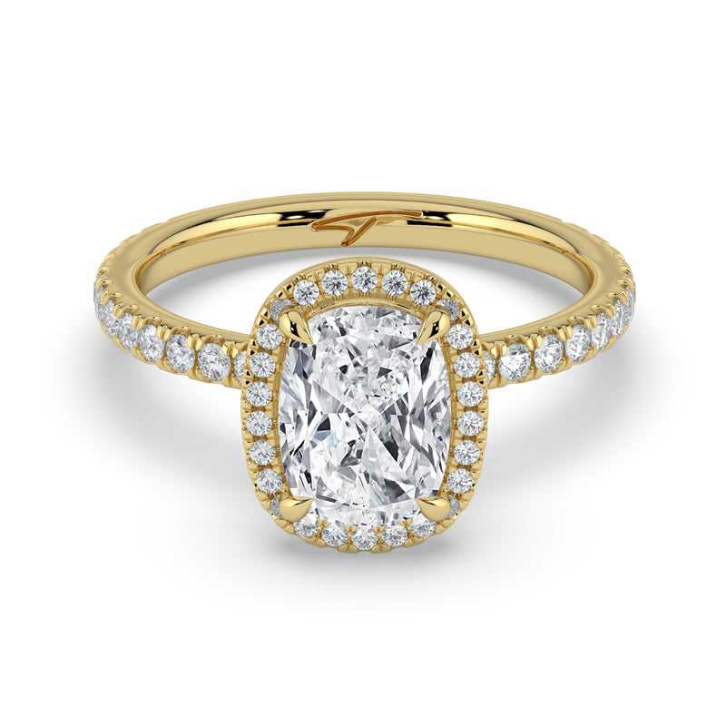The Orion Ring – Elongated Cushion Halo with Pavé Band in 14K Yellow Gold – The Jewel Concierge