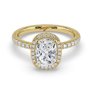 The Orion Ring – Elongated Cushion Halo with Pavé Band in 14K Yellow Gold – The Jewel Concierge