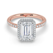 The Orion Ring — Emerald Halo with Pavé Band Lab-Grown Diamond Engagement Ring in Two-Tone Rose and White Gold | The Jewel Concierge