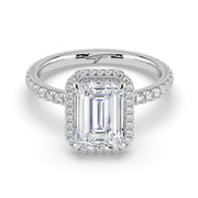 The Orion Ring — Emerald Halo with Pavé Band Lab-Grown Diamond Engagement Ring in White Gold | The Jewel Concierge