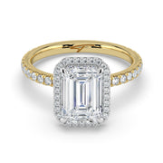 The Orion Ring — Emerald Halo with Pavé Band Lab-Grown Diamond Engagement Ring in Two-Tone Yellow and White Gold | The Jewel Concierge