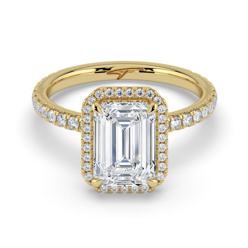 The Orion Ring – Emerald Halo with Pavé Band in 14K Yellow Gold – The Jewel Concierge