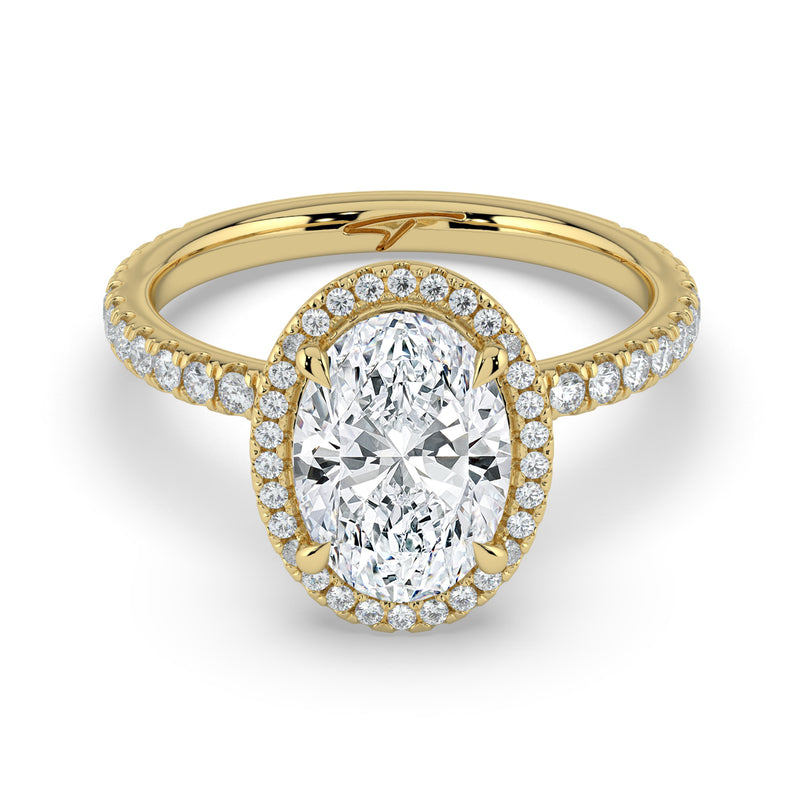 The Orion Ring – Oval Halo with Pavé Band in 14K Yellow Gold – The Jewel Concierge