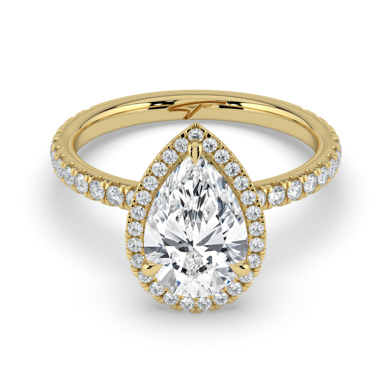 The Orion Ring – Pear Halo with Pavé Band in 14K Yellow Gold – The Jewel Concierge