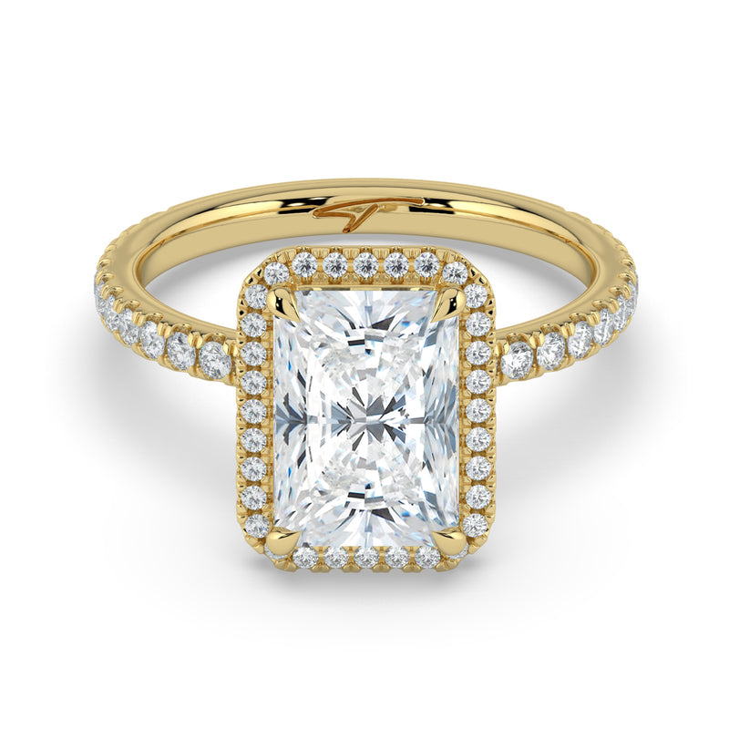 The Orion Ring – Radiant Halo with Pavé Band in 14K Yellow Gold – The Jewel Concierge