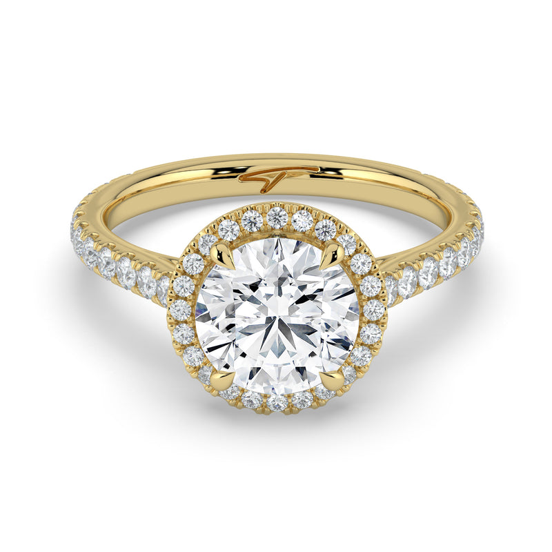 The Orion Ring – Round Cathedral Halo with Pavé Band in 14K Yellow Gold – The Jewel Concierge