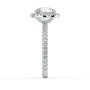 The Orion Ring – Round Halo with Pavé Band in 18K White Gold – The Jewel Concierge