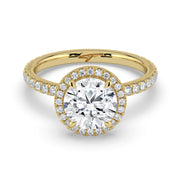 The Orion Ring – Round Halo with Pavé Band in 14K Yellow Gold – The Jewel Concierge