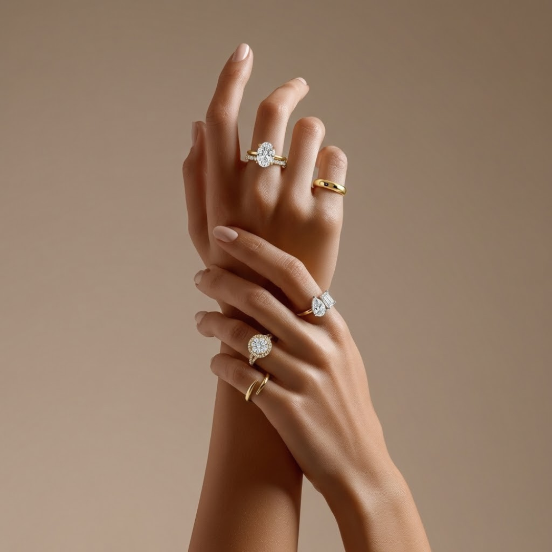 Two hands elegantly showcasing lab grown diamond rings in 18K gold on a beige background - The Jewel Concierge