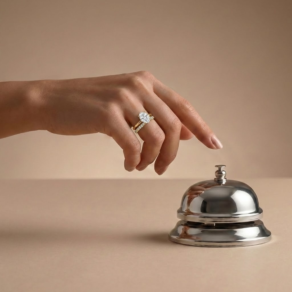 Hand with an oval lab grown diamond engagement ring in 18K yellow gold and a lab grown diamond wedding band pressing a silver bell laid on a beige table - The Jewel Concierge