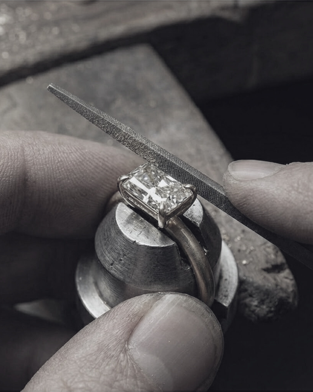 Jeweller handcrafting The Aria Ring, East West Emerald Solitaire in 18K Yellow Gold | The Jewel Concierge