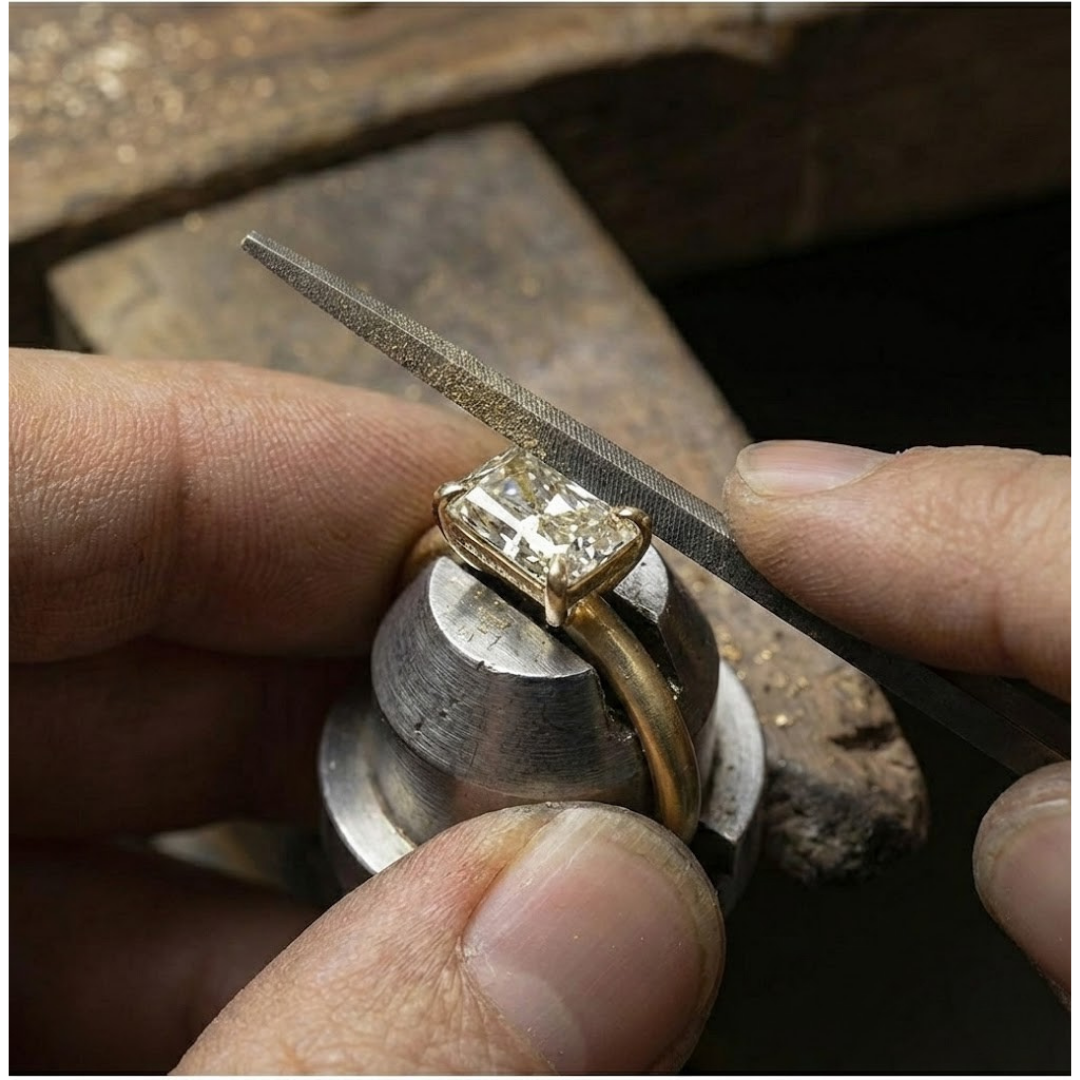 Jeweller handcrafting The Aria Ring, East West Emerald Solitaire in 18K Yellow Gold | The Jewel Concierge