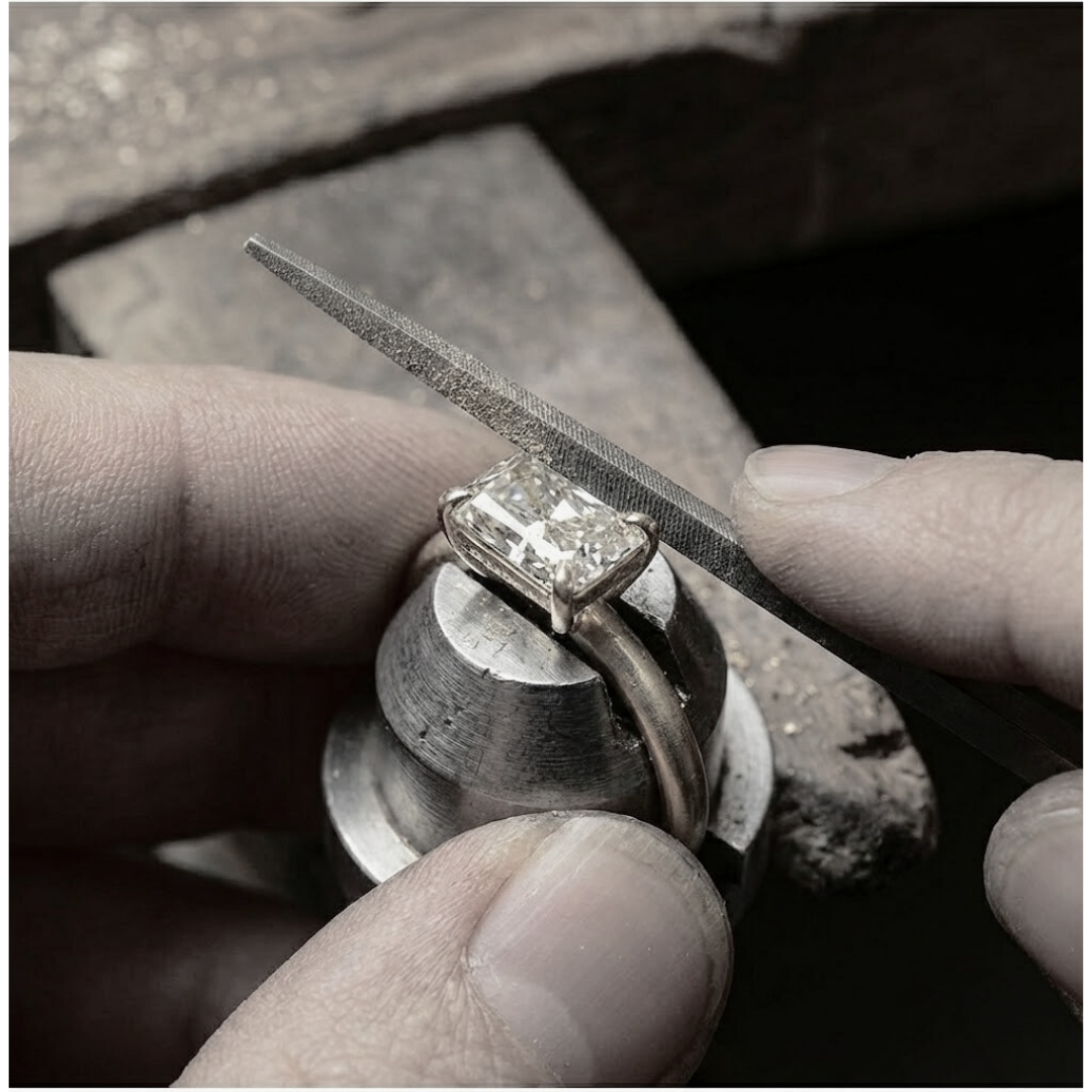 Black and white  photo of Jeweller handcrafting The Aria Ring - East West Emerald Solitaire in 18K Yellow Gold - The Jewel Concierge