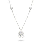 A white gold necklace featuring a delicate chain with five small round bezel-set lab-grown diamonds spaced along the chain, ending with a pear-cut lab-grown diamond solitaire, shown on a white background - The Jewel Concierge