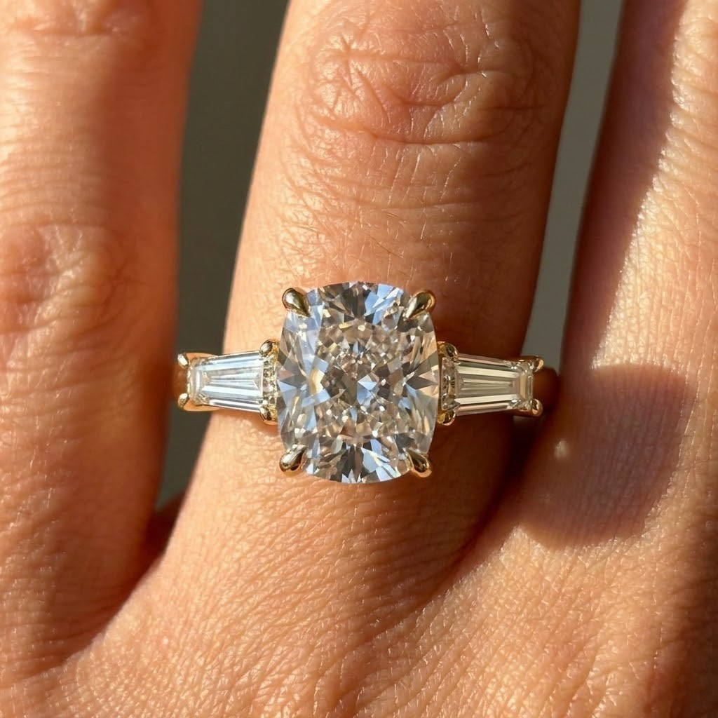 The Maia Ring — Cushion & Baguette Trilogy Lab-Grown Diamond Engagement Ring in Yellow Gold | The Jewel Concierge