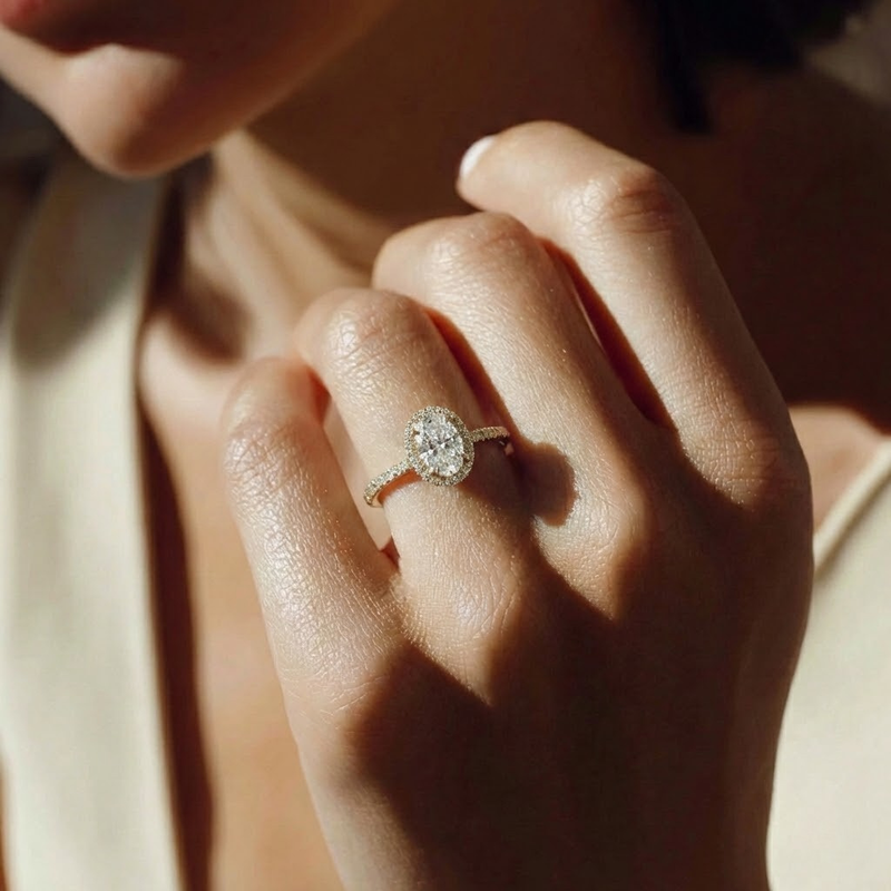 The Orion Ring – Oval Halo with Pavé Band in 14K White Gold – The Jewel Concierge