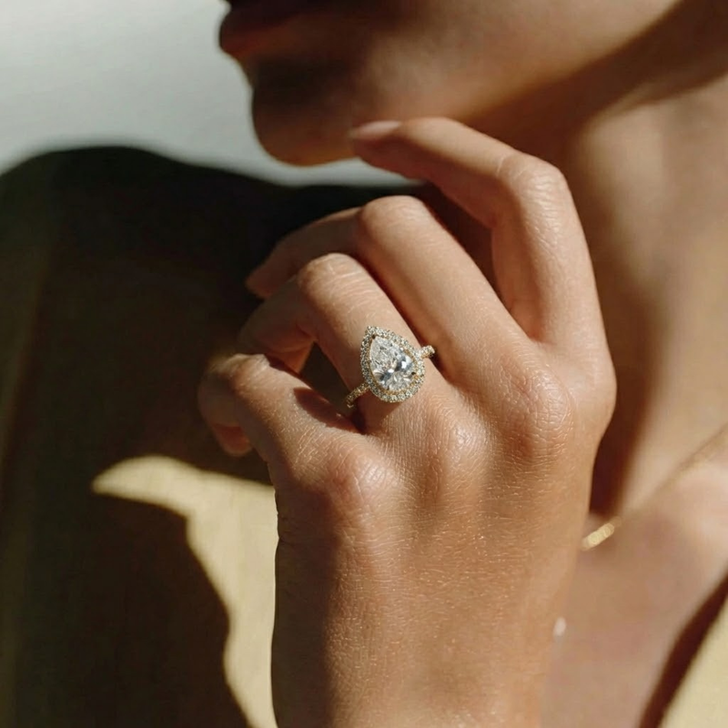 The Orion Ring – Pear Halo with Pavé Band in 14K White Gold – The Jewel Concierge