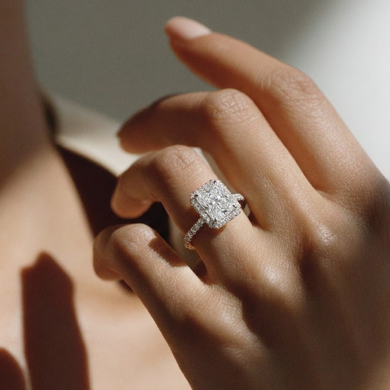The Orion Ring – Radiant Halo with Pavé Band in 14K White Gold – The Jewel Concierge