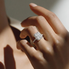 The Orion Ring – Radiant Halo with Pavé Band in 14K White Gold – The Jewel Concierge