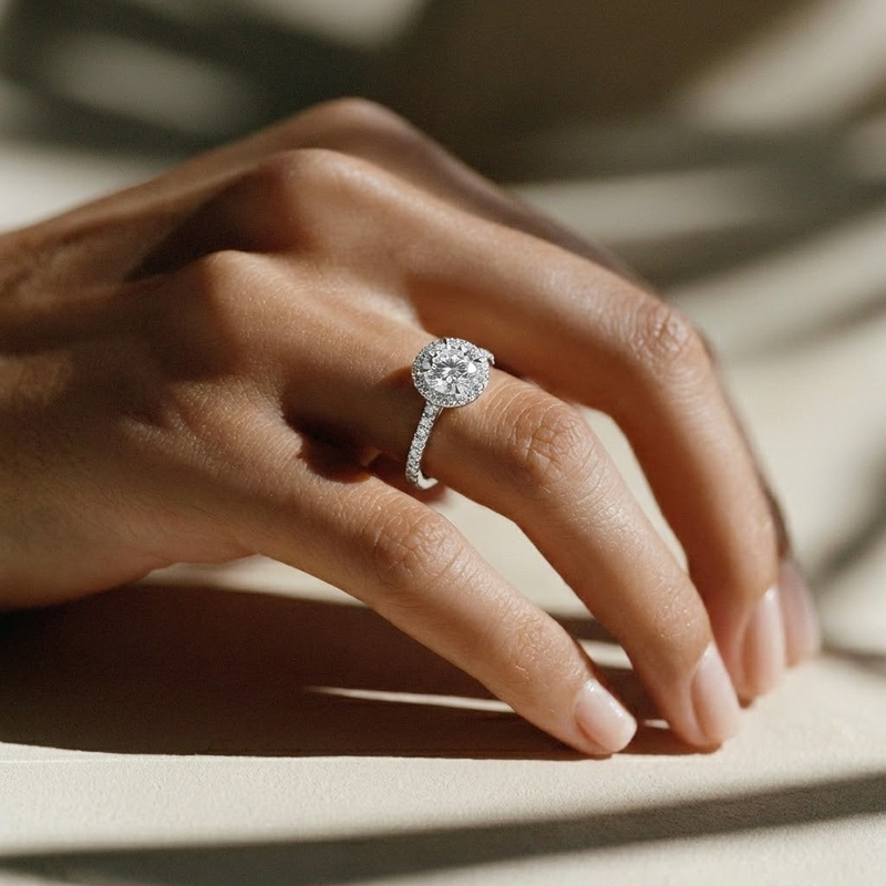 The Orion Ring – Round Cathedral Halo with Pavé Band in 14K White Gold – The Jewel Concierge